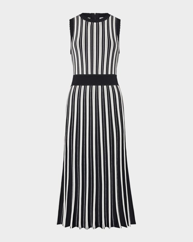 Pleated Striped Knit Midi Dress